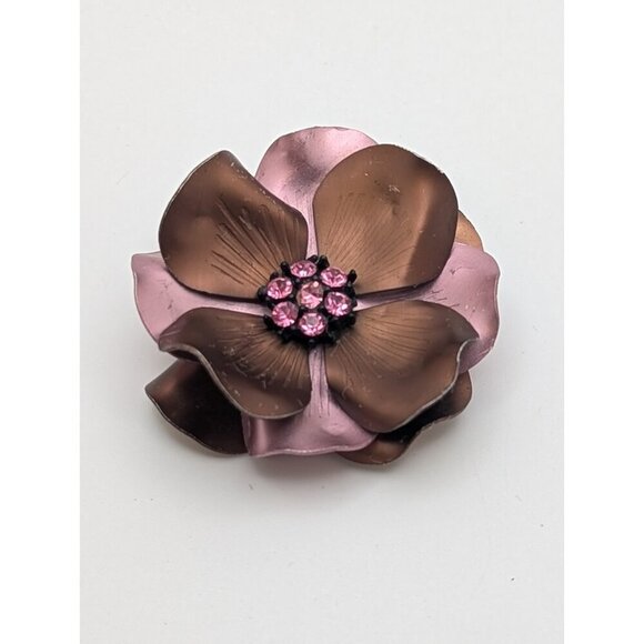 VTG Metal Enamel Flower Brooche Pin Satin Pink Brown Fucsia Rhinesto Large 2.5" - Picture 7 of 8